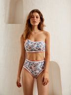 Desenli Kontrast Şeritli Tek Omuz Bikini Takımı