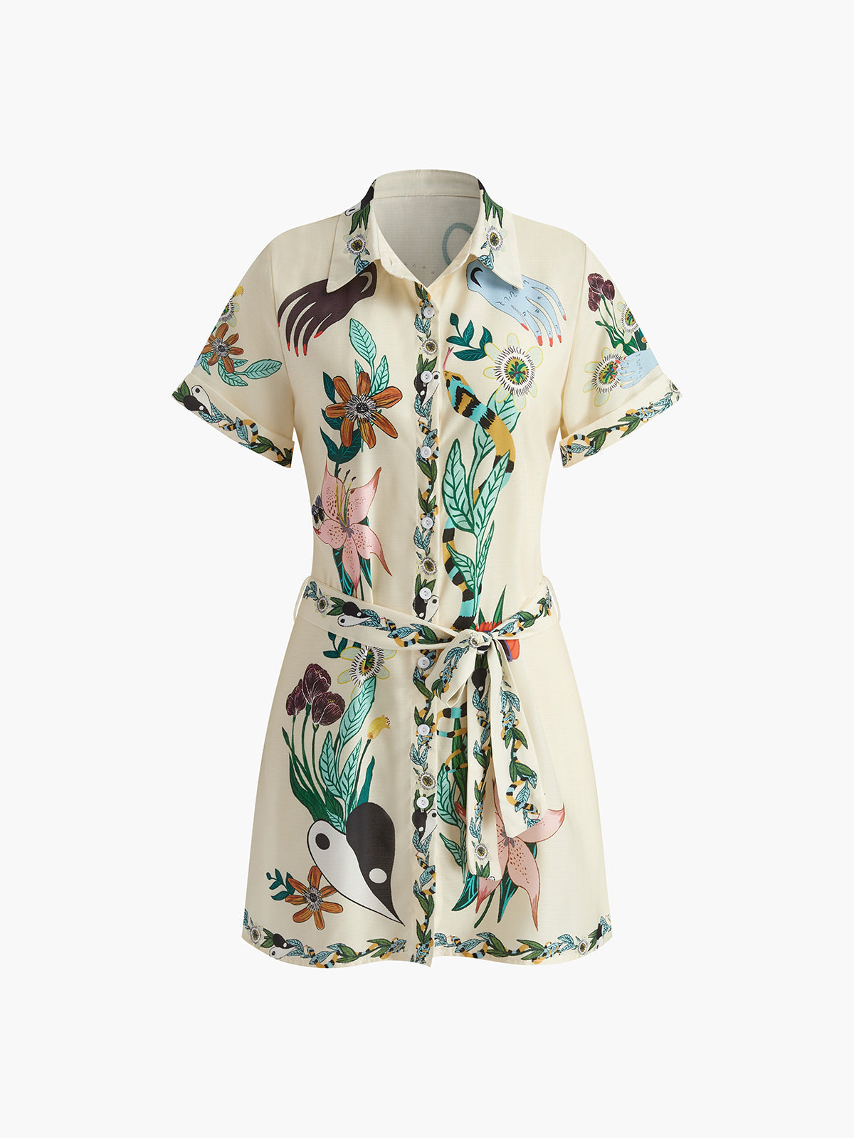 Desenli Yaka Detaylı Kemerli Kısa Elbise