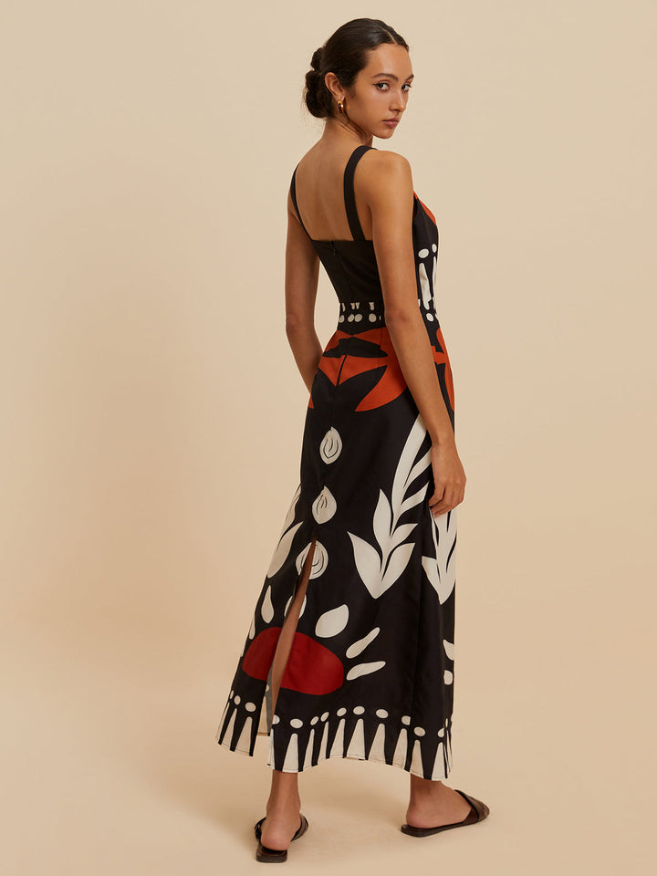 Kesik Detaylı Fermuarlı Kolsuz Çiçek Desenli Elbise Mayo Eteği