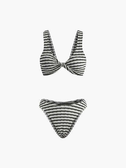 Bağcıklı Çizgili Örme Bikini Takımı