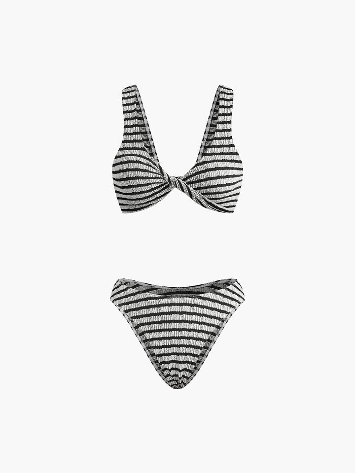 Bağcıklı Çizgili Örme Bikini Takımı