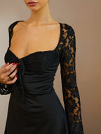 Kare Yaka Dantel Kollu Mini Elbise