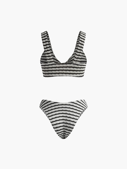 Bağcıklı Çizgili Örme Bikini Takımı