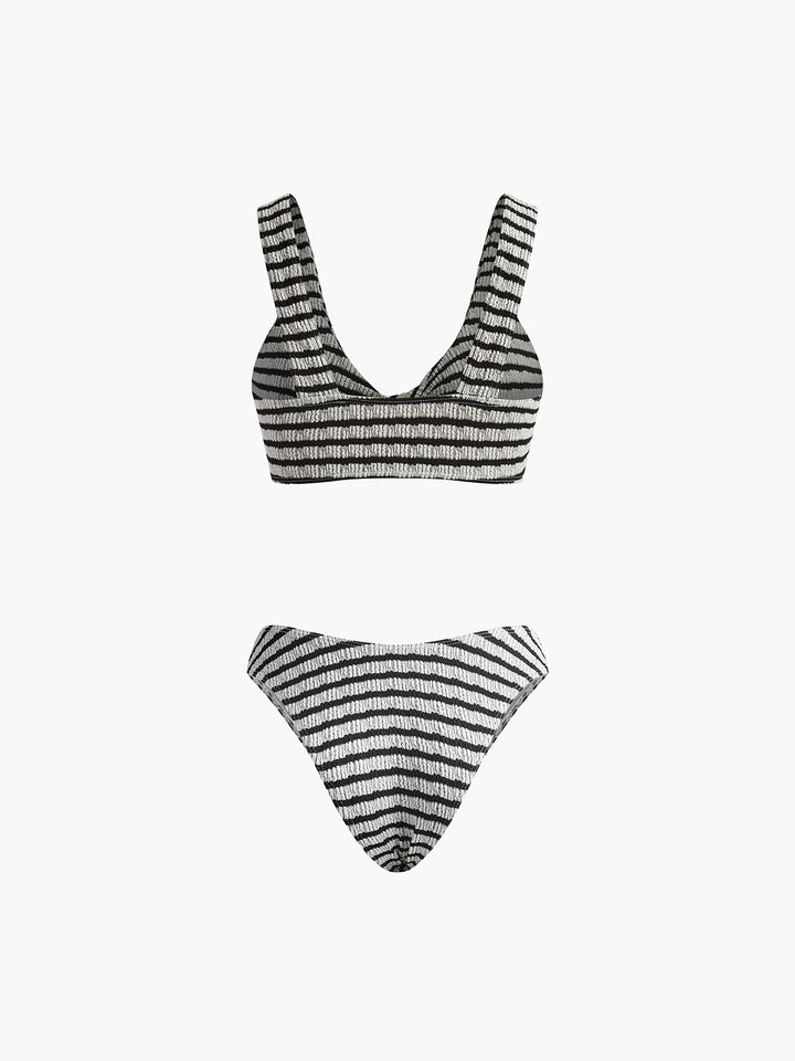Bağcıklı Çizgili Örme Bikini Takımı