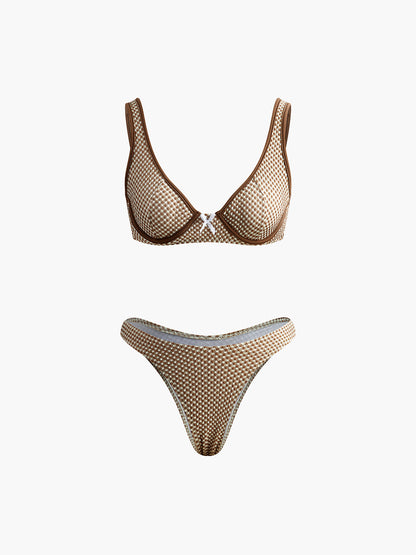 Kontrast Şeritli Ekose Bikini Takımı