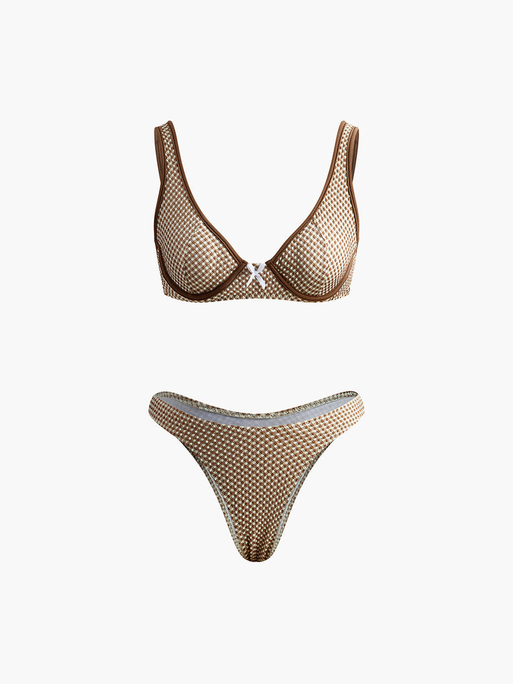 Kontrast Şeritli Ekose Bikini Takımı