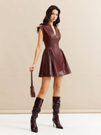 Suni Deri Panelli Pliseli Elbise