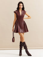 Suni Deri Panelli Pliseli Elbise