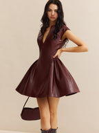 Suni Deri Panelli Pliseli Elbise