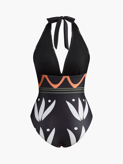 Halter Yaka Geometrik Desenli Mayo