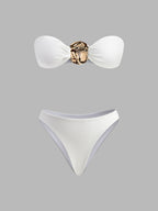 Altın Detaylı Plaj Üstlü Bikini ve Mayo Eteği Pareo Takım