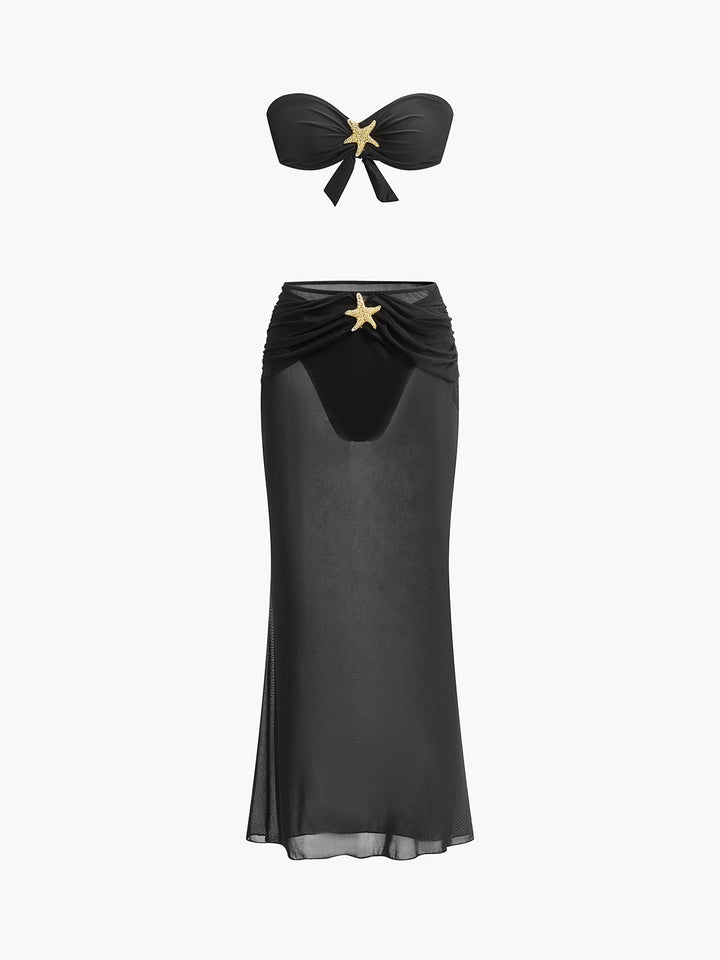 Yıldızbalığı Detaylı Bandeau Bikini ve Mayo Eteği Pareo