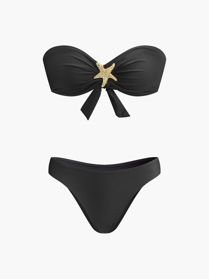 Yıldızbalığı Detaylı Bandeau Bikini ve Mayo Eteği Pareo