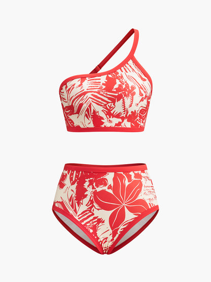 Tek Omuz Tropikal Desenli Bikini Takımı