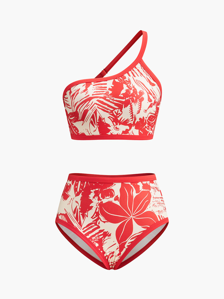 Tek Omuz Tropikal Desenli Bikini Takımı