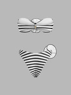 Çizgili Çiçek Detaylı Bandeau Bikini Takımı