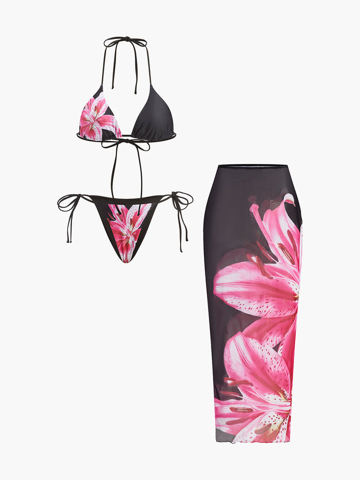Çiçek Desenli Bikini ve Mayo  Eteği Pareo Takım