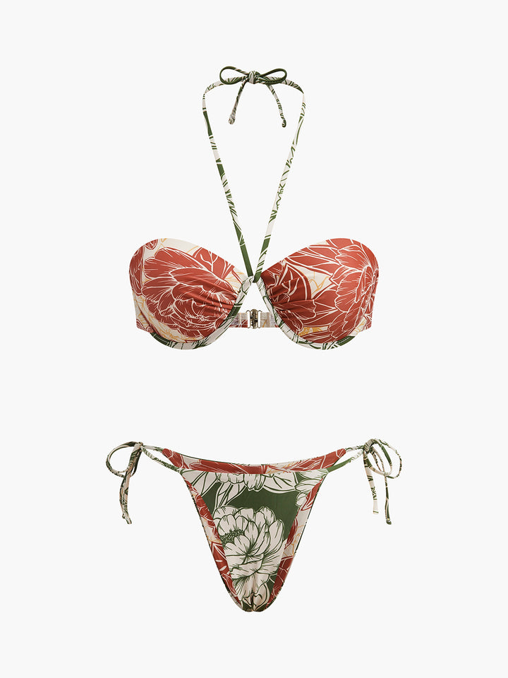 Çiçek Desenli Yan Bağlamalı Bikini ve Mayo Eteği Pareo Takımı