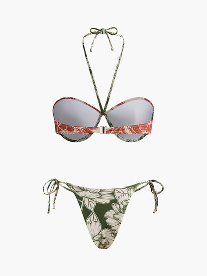 Çiçek Desenli Yan Bağlamalı Bikini ve Mayo Eteği Pareo Takımı
