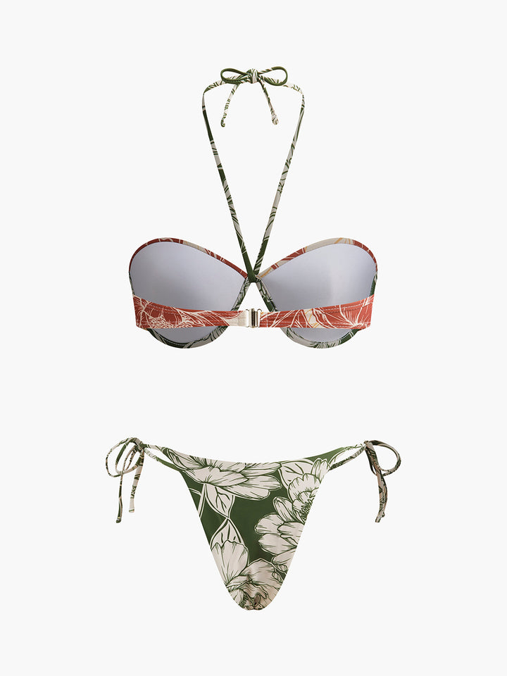 Çiçek Desenli Yan Bağlamalı Bikini ve Mayo Eteği Pareo Takımı