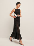 Transparan Panelli Sırtı Bağlamalı Fırfırlı Etekli Elbise