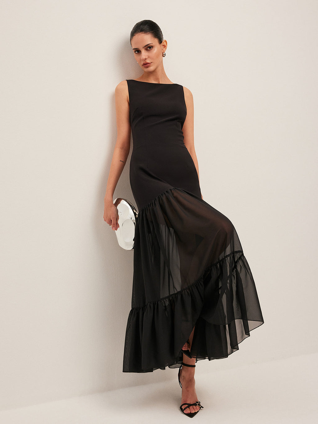 Transparan Panelli Sırtı Bağlamalı Fırfırlı Etekli Elbise