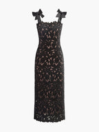 Jakarlı Çiçek Desenli Kurdele Askılı Elbise