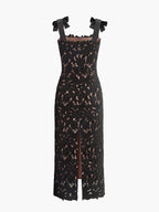 Jakarlı Çiçek Desenli Kurdele Askılı Elbise