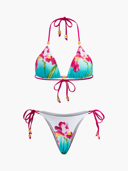 Çiçek Desenli Boncuk Detaylı Bikini Takımı
