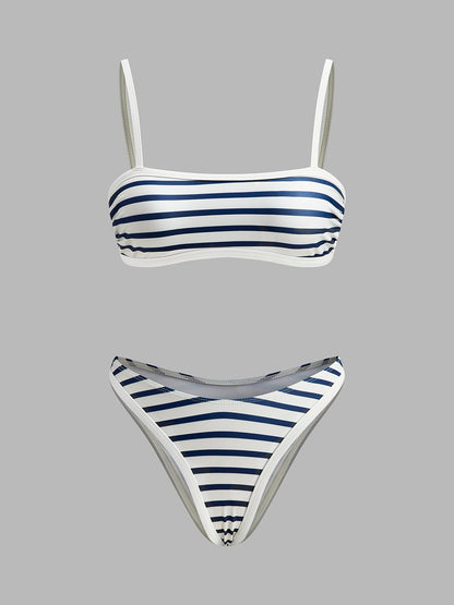 Denizci Çizgili Yüksek Bel Bikini