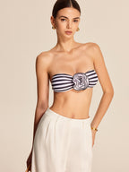 Çizgili Çiçek Detaylı Bandeau Bikini Takımı