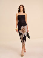 Yarı Şeffaf Askısız Fırfırlı Çiçek Desenli Mesh Elbise