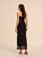 Yarı Şeffaf Askısız Fırfırlı Çiçek Desenli Mesh Elbise