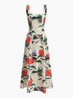 Kare Yaka Çiçek Desenli Fermuarlı Elbise