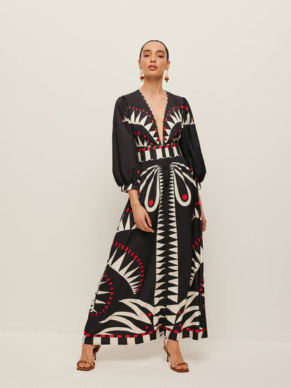 Boho Desenli V Yaka Yırtmaçlı Elbise Mayo Eteği