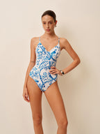 Kuş Desenli V Yaka Tek Parça Mayo