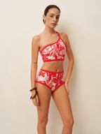 Tek Omuz Tropikal Desenli Bikini Takımı
