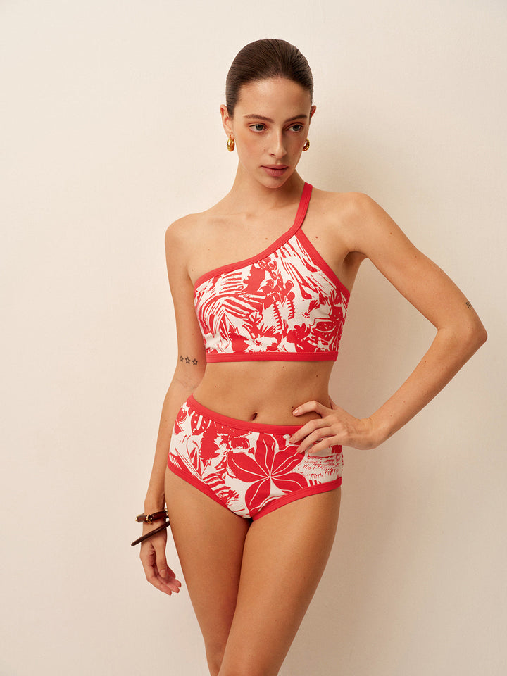 Tek Omuz Tropikal Desenli Bikini Takımı
