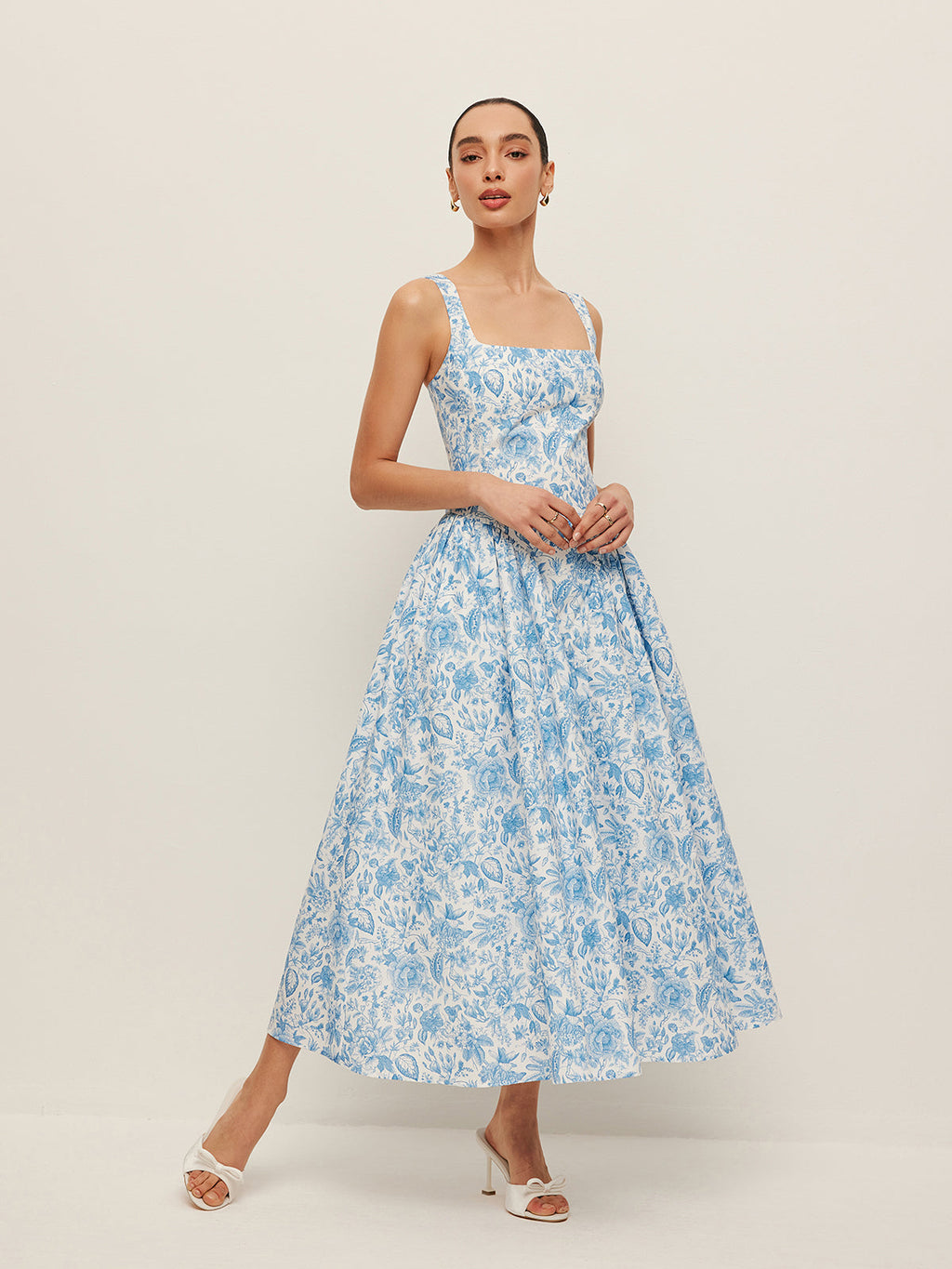 Kare Yaka Desenli Cepli Elbise