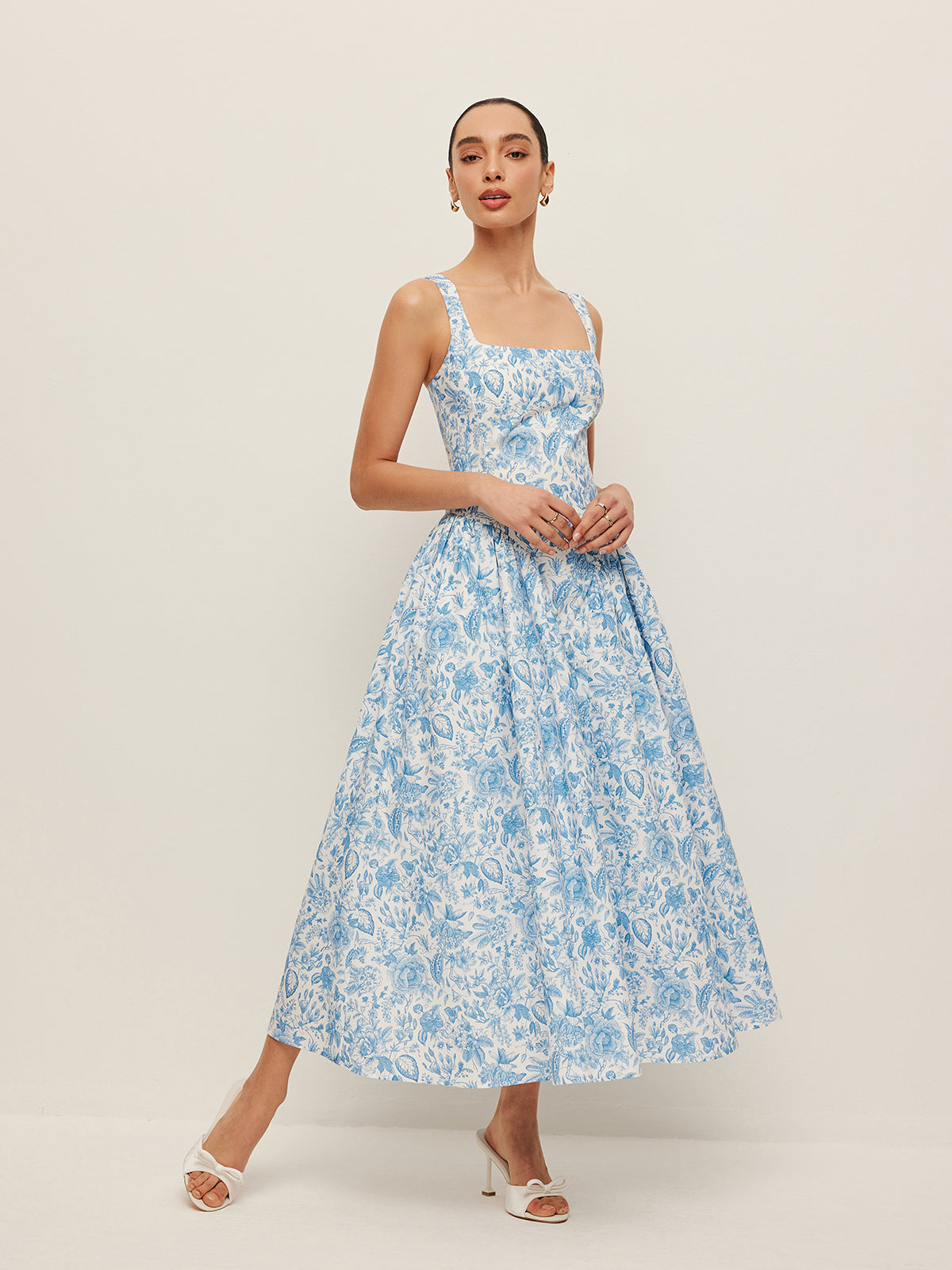 Kare Yaka Desenli Cepli Elbise