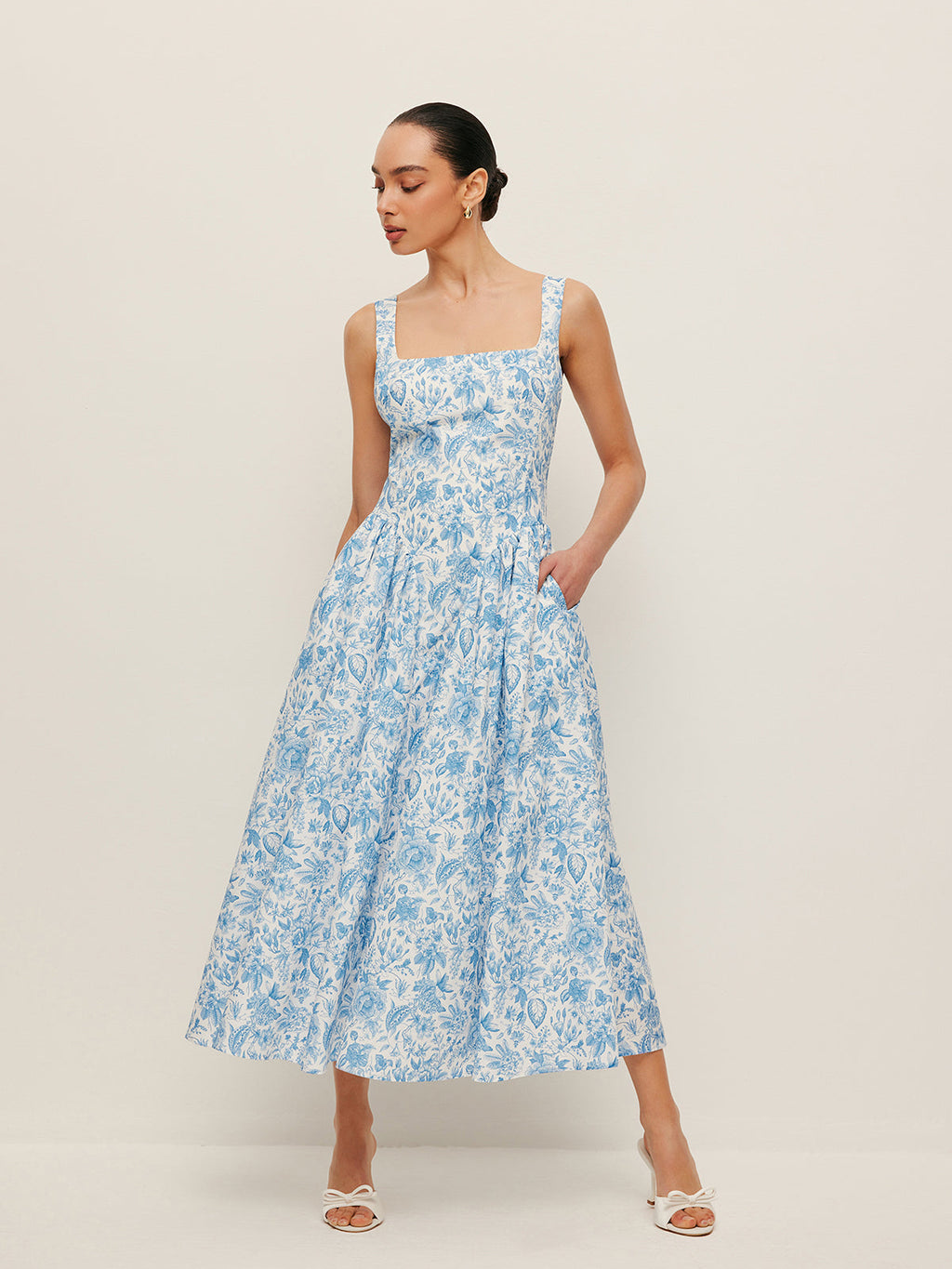 Kare Yaka Desenli Cepli Elbise