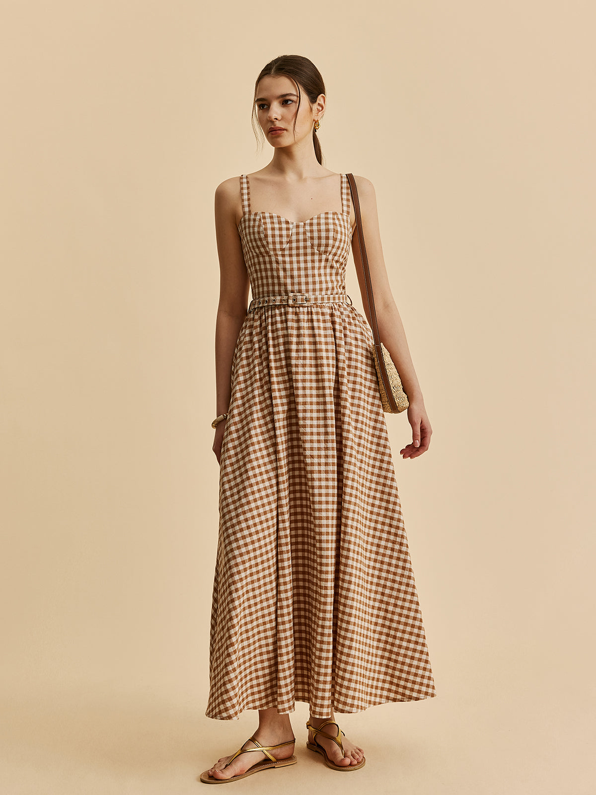 Kareli Kemerli Büstiyerli Elbise