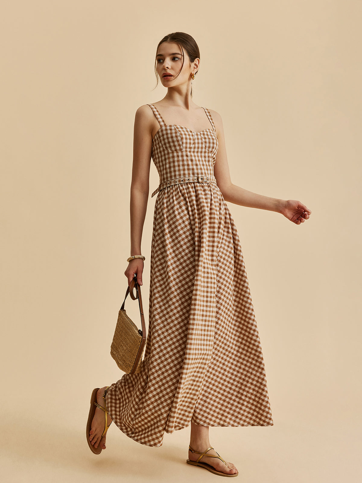 Kareli Kemerli Büstiyerli Elbise