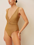 Kemer Detaylı V Yaka Tek Parça Mayo