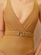 Kemer Detaylı V Yaka Tek Parça Mayo