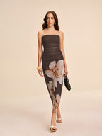 Yarı Şeffaf Askısız Fırfırlı Çiçek Desenli Mesh Elbise