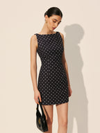 Puantiye Desenli Fermuarlı Bisiklet Yaka Kısa Elbise