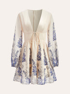 Çiçek Desenli Önden Bağlamalı Elbise