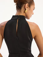 halter yaka yırtmaçlı tulum maksi elbise