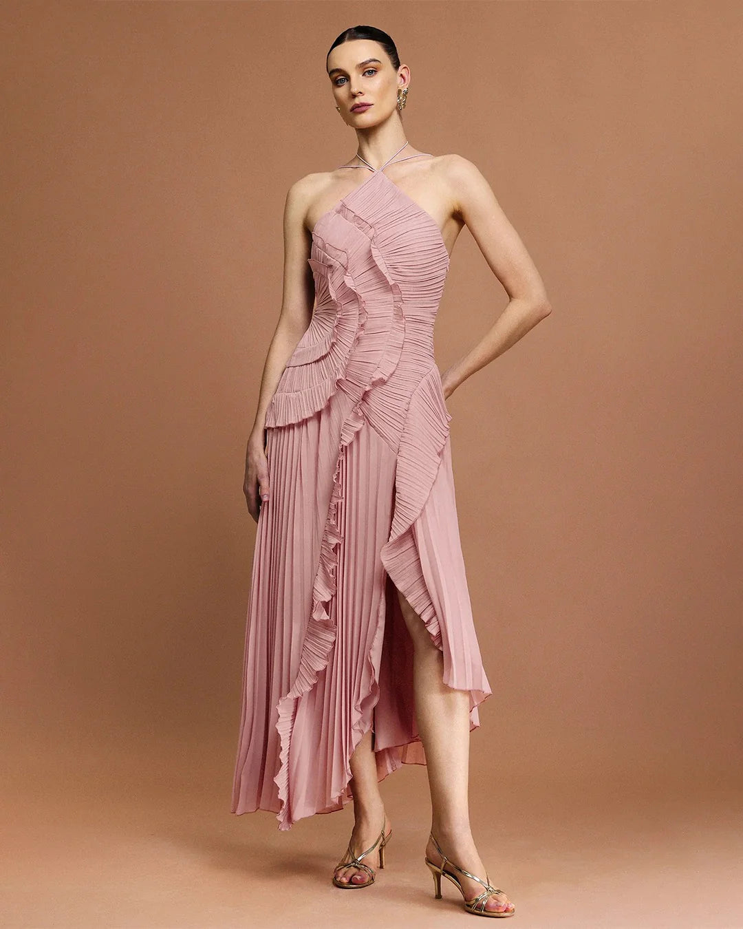 Fırfır Detaylı Halter Midi Elbise